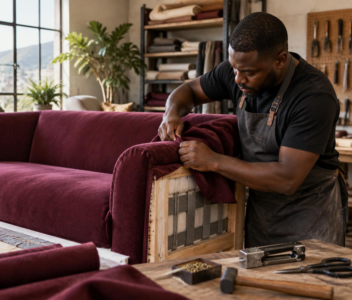 Upholsterer hand-finishing burgundy fabric on a couch frame