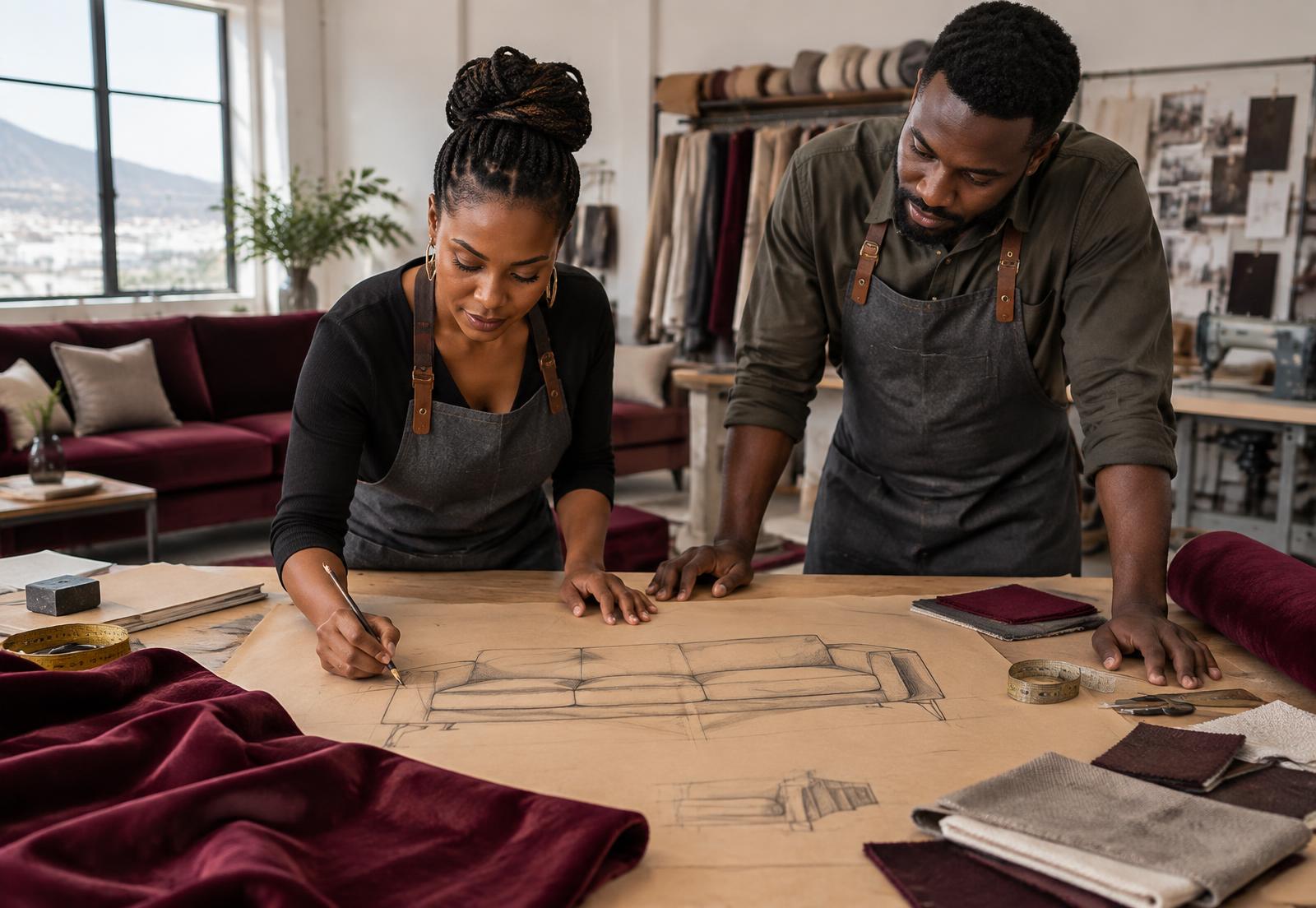 Two upholstery designers sketching a custom couch