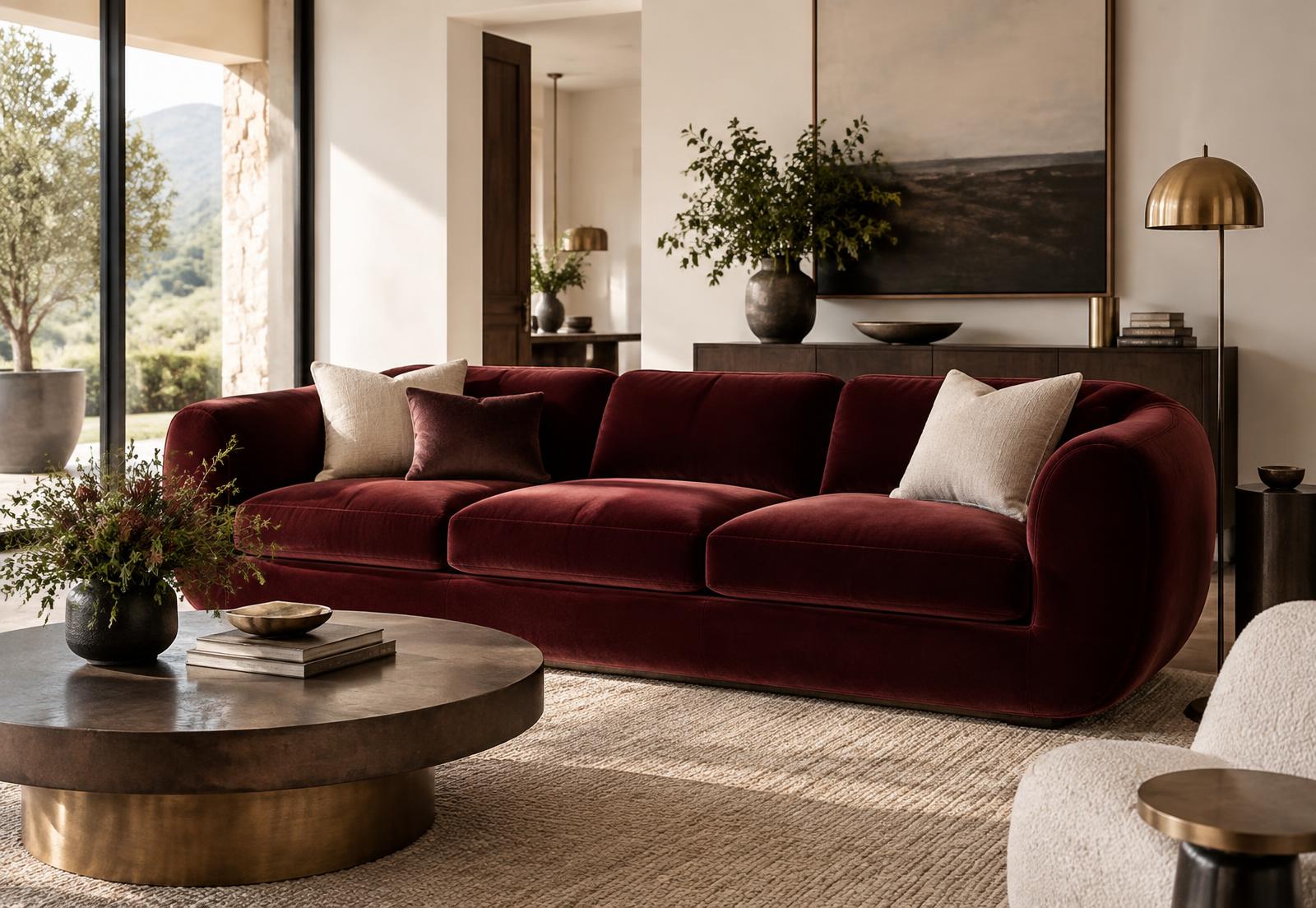Completed custom burgundy velvet couch